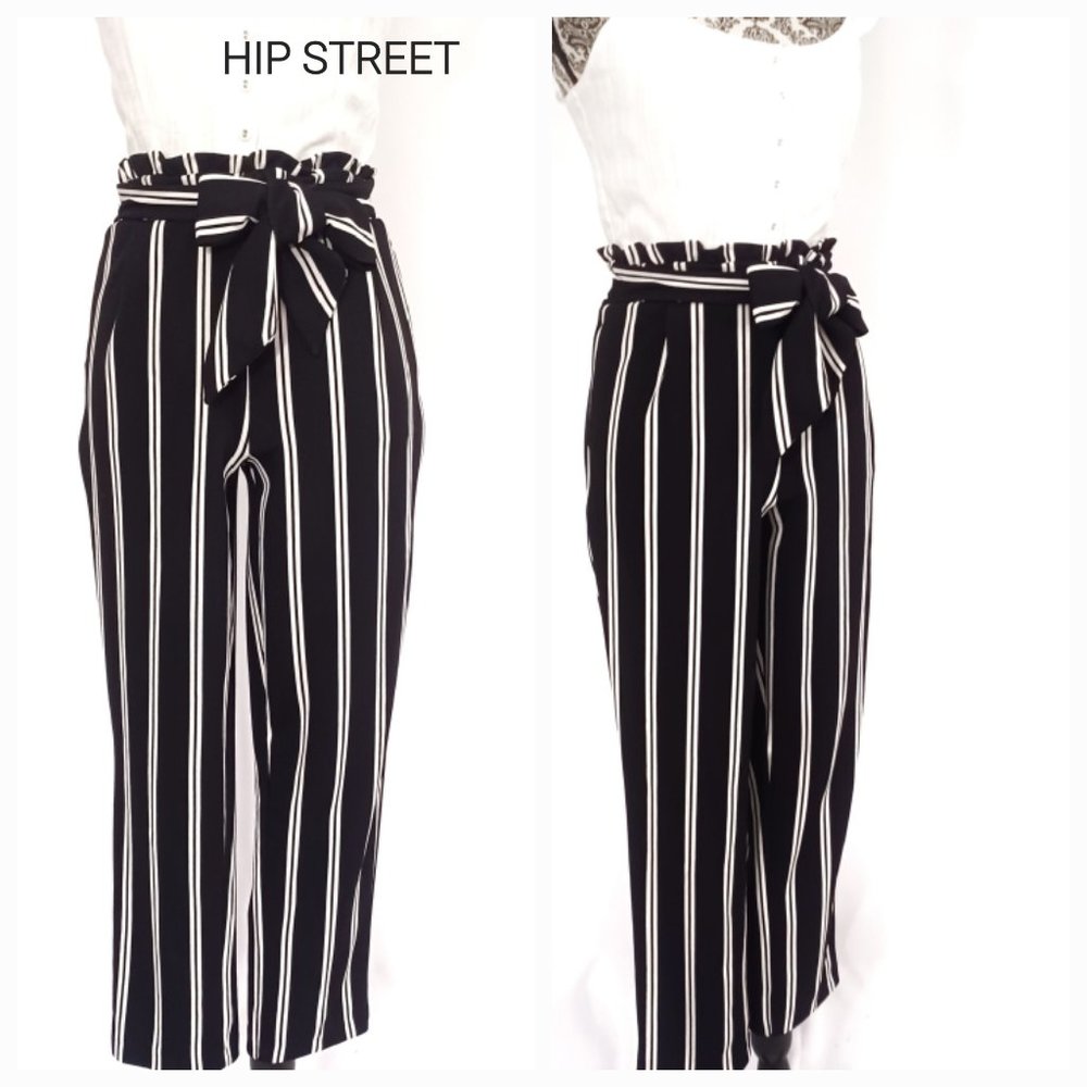 BBJ Pants Paperbag High Waist Stripe Baggy Stretch With Sash L